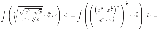 $\displaystyle \int\left(\sqrt[3]{\dfrac{\sqrt {x^{9}\cdot \sqrt x } }{x^{2}\cdo...
...2}\cdot x^{\frac{1}{8}}}\right)^{\frac{1}{3}}\cdot x^{\frac{9}{8}}\right)\,dx=
$