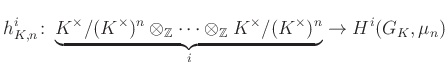 $\displaystyle h^i_{K,n}\colon \underbrace{K^\times/(K^\times)^n\otimes_{\mathbb{Z}}\cdots\otimes_{\mathbb{Z}} K^\times/(K^\times)^n}_i\to H^i(G_K,\mu_n)
$