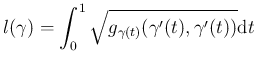 $\displaystyle l(\gamma ) = \int_0^1 \sqrt{g_{\gamma (t)}( \gamma' (t), \gamma' (t) )} {\operatorname{d}}t
$