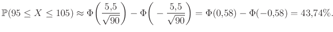 $\displaystyle \mathbb{P}(95 \leq X\leq 105)\approx\Phi\bigg(\frac{5{,}5}{\sqrt{...
...\Phi\bigg(-\frac{5{,}5}{\sqrt{90}}\bigg)=\Phi(0{,}58)-\Phi(-0{,}58)=43{,}74\%.
$