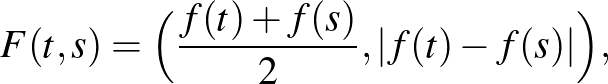 $\displaystyle F(t, s)=\Big( \frac{f(t)+f(s)}{2}, \vert f(t)-f(s)\vert\Big) ,
$