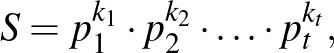$\displaystyle S=p_1^{k_1} \cdot p_2^{k_2} \cdot\ldots \cdot p_t^{k_t},
$