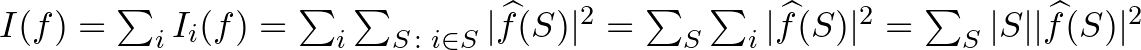 $I(f)=\sum_i I_i(f)=\sum_i\sum_{S\colon i\in S}\vert\widehat{f}(S)\vert^2=\sum_S\sum_{i}\vert\widehat{f}(S)\vert^2=\sum_{S}\vert S\vert\vert\widehat{f}(S)\vert^2$