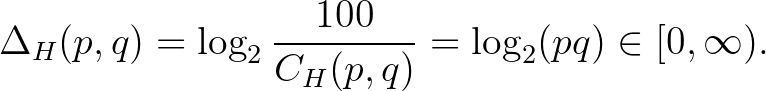 $\displaystyle \Delta_H(p,q)=\log_2\frac{100}{C_H(p,q)}=\log_2(pq) \in [0,\infty).$