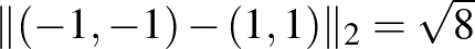 $\Vert(-1,-1)-(1,1)\Vert _2=\sqrt{8}$