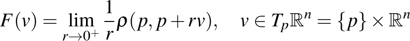 $\displaystyle F(v)=\lim_{r\rightarrow 0^{+}}\frac{1}{r}\rho(p,p+rv),\quad v\in T_p\mathbb{R}^n=\left\{p\right\}\times\mathbb{R}^n
$