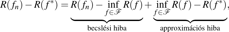 $\displaystyle R(f_n) - R(f^*) = \underbrace{ R(f_n) - \inf_{f\in\mathcal{F}} R(...
...nderbrace{\inf_{f\in\mathcal{F}} R(f) - R(f^*)}_{\text{approximációs hiba}},
$