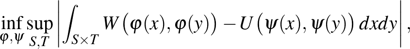 $\displaystyle \inf_{\varphi, \psi} \sup_{S,T} \left\vert \int_{S \times T} W\big(\varphi(x), \varphi(y) \big) - U\big(\psi(x), \psi(y)\big)\,dxdy \right\vert,
$