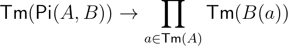 $\mathsf{Tm}(\mathsf{Pi}(A,B))\to\prod_{a\in\mathsf{Tm}(A)}\mathsf{Tm}(B(a))$