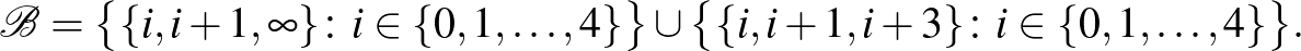 $\displaystyle \mathcal{B}=\bigl\{\{i,i+1,\infty\}\colon i \in \{0,1,\dots,4\}\bigr\}\cup \bigl\{\{i,i+1,i+3\}\colon i \in \{0,1,\dots,4\}\bigr\}.
$