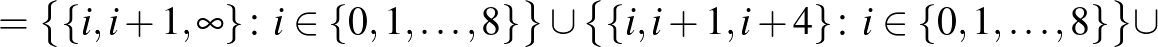 $\displaystyle =\bigl\{\{i,i+1,\infty\}\colon i \in \{0,1,\dots,8\}\bigr\}\cup \bigl\{\{i,i+1,i+4\}\colon i \in \{0,1,\dots,8\}\bigr\}\cup$
