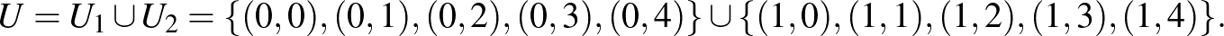 $\displaystyle U=U_1\cup U_2=\{(0,0),(0,1),(0,2),(0,3),(0,4)\}\cup\{(1,0),(1,1),(1,2),(1,3),(1,4)\}.
$