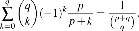 $\displaystyle \sum^q_{k=0}{\binom{q}{k}(-1)^k\frac{p}{p+k}=\frac{1}{\binom{p+q}{q}}}.
$